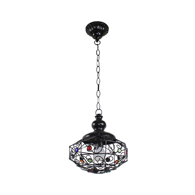 Rustic Iron Pendant Ceiling Light With Colorful Bead Decor - Barrel/Lantern/Scalloped Design