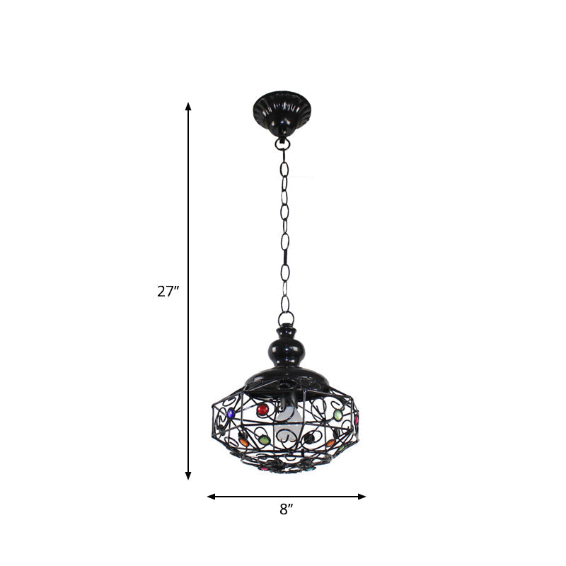 Rustic Iron Pendant Ceiling Light With Colorful Bead Decor - Barrel/Lantern/Scalloped Design