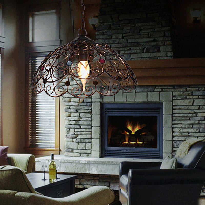 Rustic Iron Pendant Ceiling Light With Colorful Bead Decor - Barrel/Lantern/Scalloped Design Black /