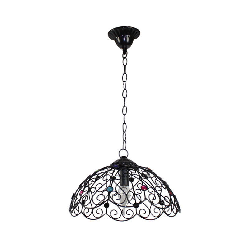 Rustic Iron Pendant Ceiling Light With Colorful Bead Decor - Barrel/Lantern/Scalloped Design