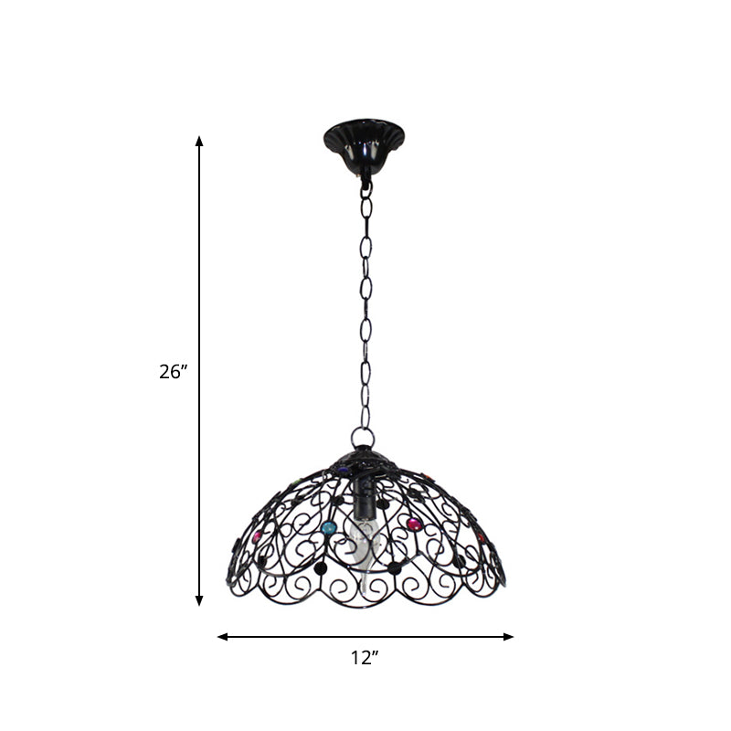 Rustic Iron Pendant Ceiling Light With Colorful Bead Decor - Barrel/Lantern/Scalloped Design