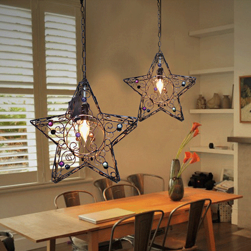 Rustic Iron Pendant Ceiling Light With Colorful Bead Decor - Barrel/Lantern/Scalloped Design