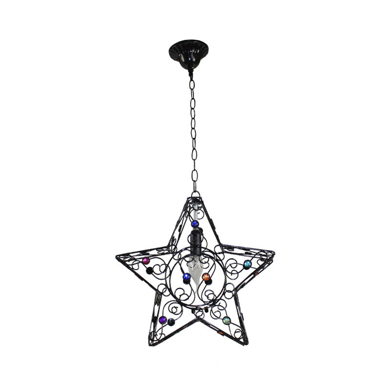 Rustic Iron Pendant Ceiling Light With Colorful Bead Decor - Barrel/Lantern/Scalloped Design