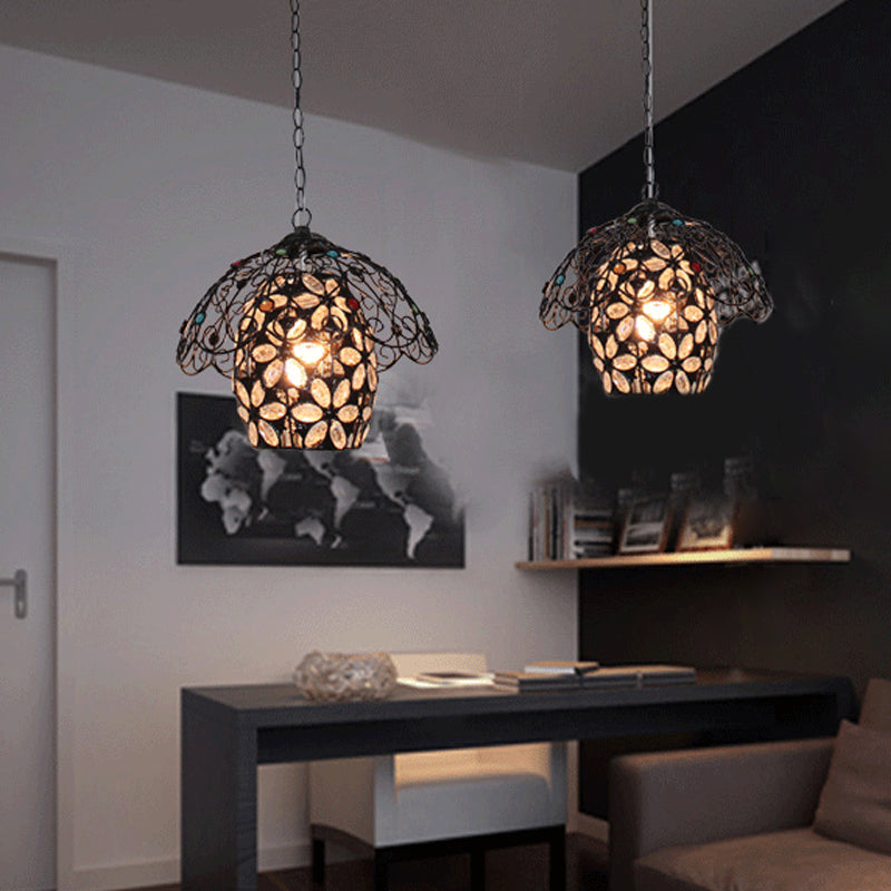 Rustic Iron Pendant Ceiling Light With Colorful Bead Decor - Barrel/Lantern/Scalloped Design Black /
