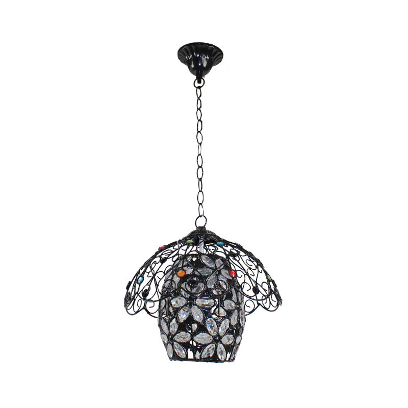 Rustic Iron Pendant Ceiling Light With Colorful Bead Decor - Barrel/Lantern/Scalloped Design