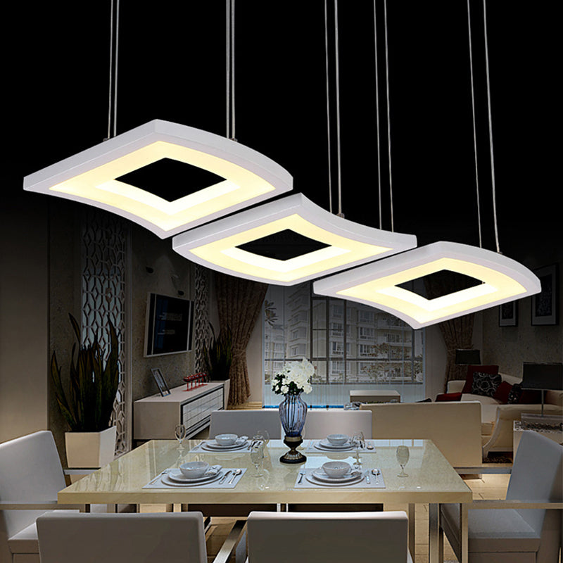 Minimalist Acrylic Curve Pendant Light 3-Light White Led Square Ceiling Hanging Lamp In Warm/White