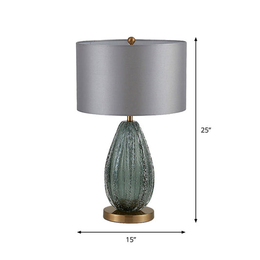 Modern Blue Seeded Glass Ellipse Night Lamp - Grey Table Light With Drum Fabric Shade (12/15 W)