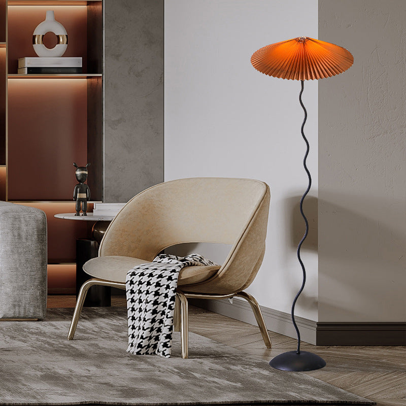 Rustic Fabric Floor Lamp: Conical Pleated Shade 1-Bulb White/Coffee/Burgundy Curved Stand
