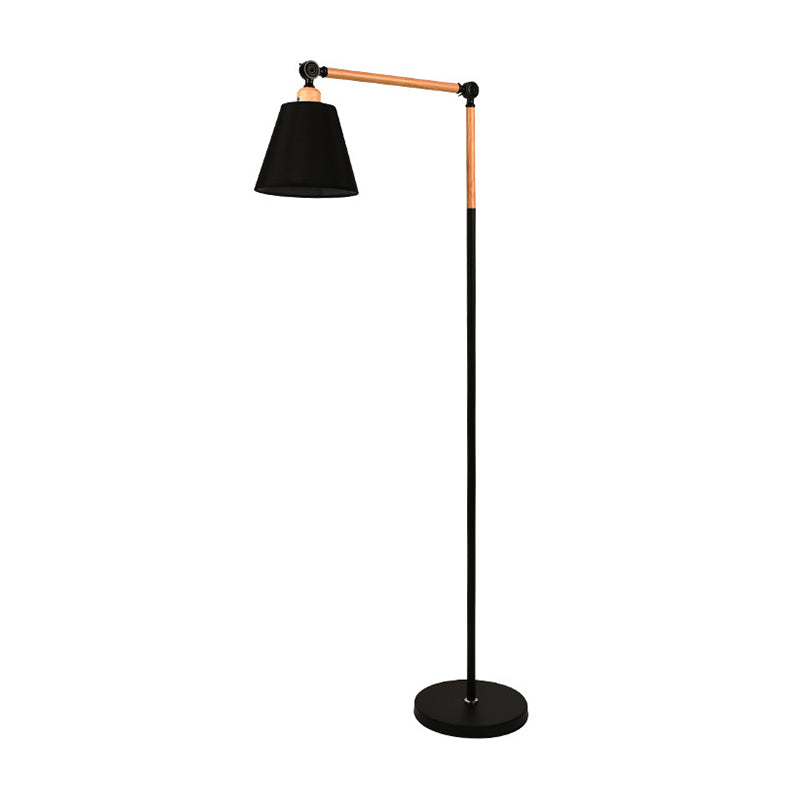 Nordic Swing Arm Wood Floor Reading Lamp With Cone Fabric Shade - Black/White