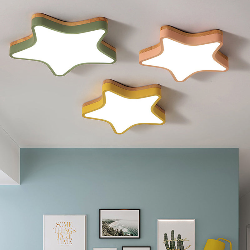 Wood Star Flush Cartoon LED Ceiling Light for Kindergarten Room