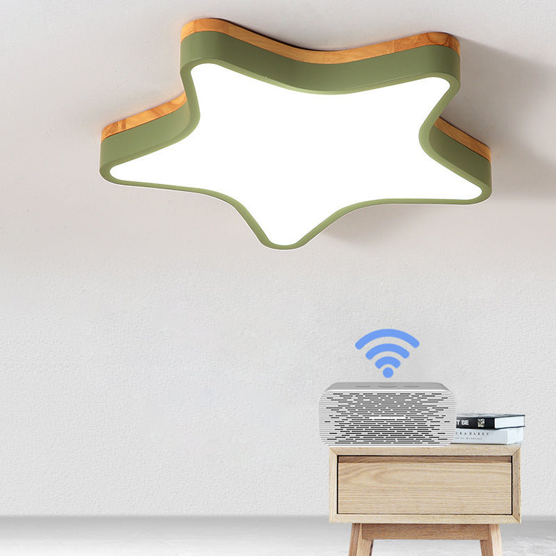 Wood Star Flush Cartoon Led Ceiling Light For Kindergarten Room Green / 18