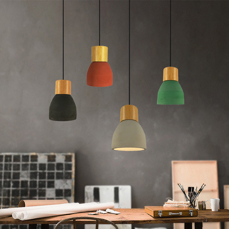 Cement Hanging Pendant Lamp - Macaron Single-Bulb Cone/Bowl Design in Green/Red with Wood Top
