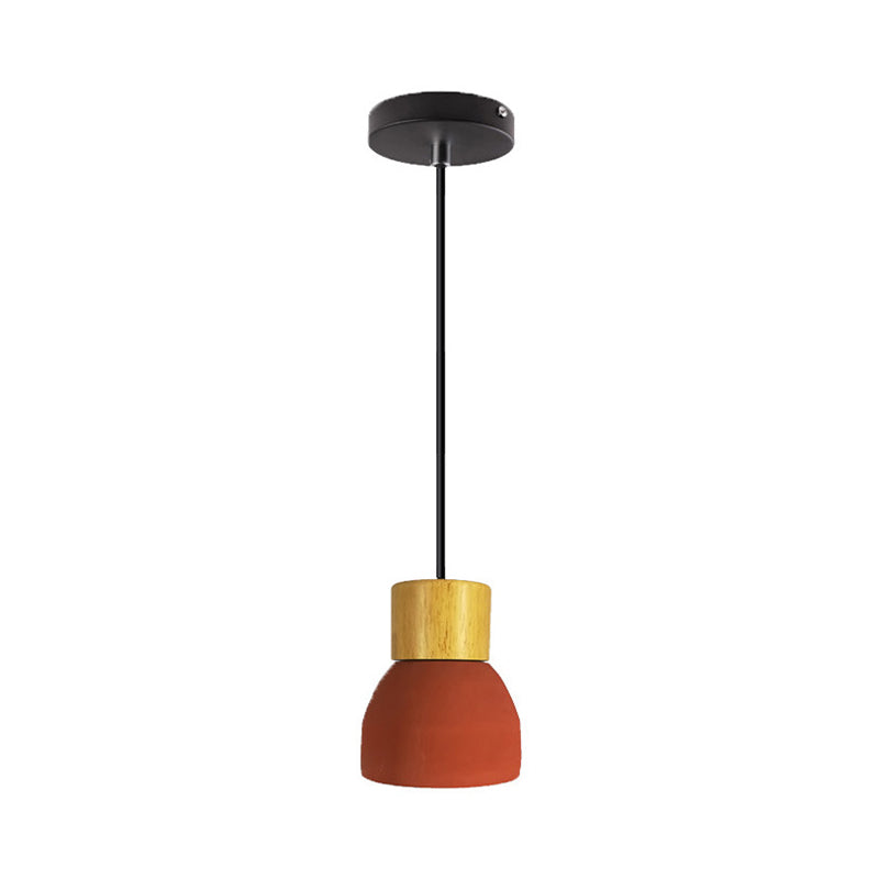 Cement Hanging Pendant Lamp - Macaron Single-Bulb Cone/Bowl Design in Green/Red with Wood Top