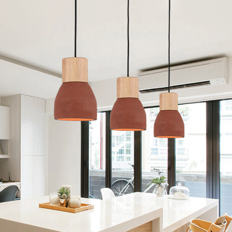 Nordic 1-Head Cement Ceiling Hang Light with Wood Socket - Small Drop Pendant Bowl in Black, Red, Green