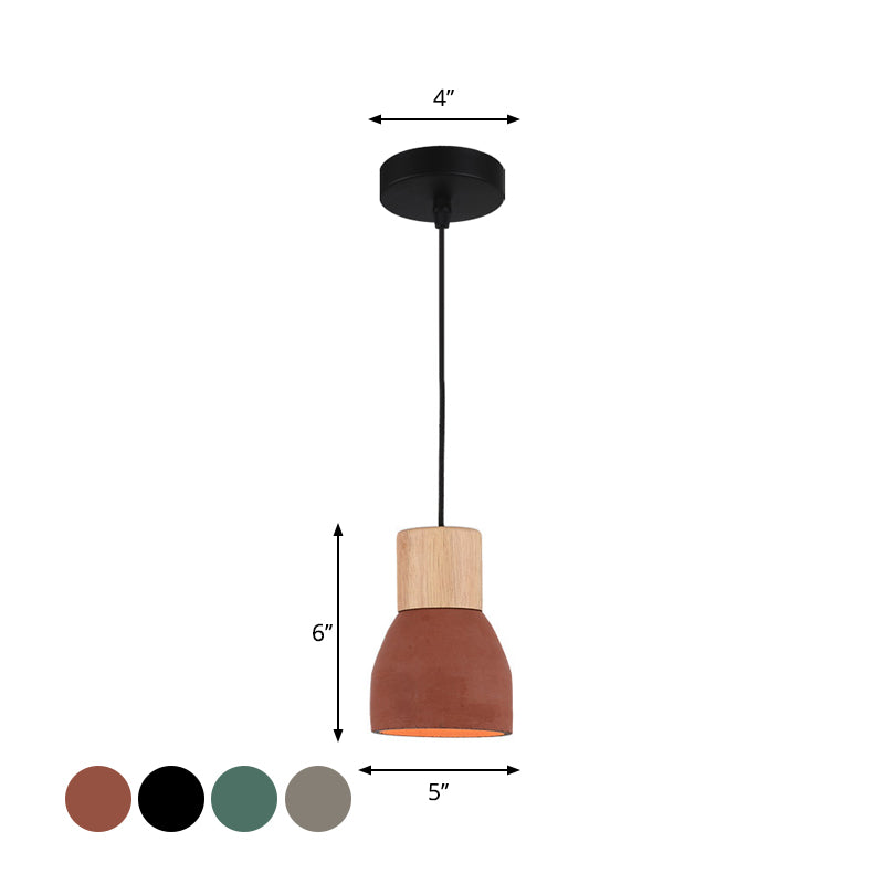 Nordic 1-Head Cement Ceiling Hang Light with Wood Socket - Small Drop Pendant Bowl in Black, Red, Green