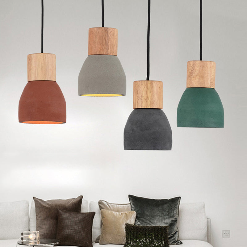 Nordic 1-Head Cement Ceiling Hang Light with Wood Socket - Small Drop Pendant Bowl in Black, Red, Green