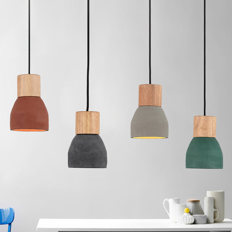 Nordic 1-Head Cement Ceiling Hang Light with Wood Socket - Small Drop Pendant Bowl in Black, Red, Green