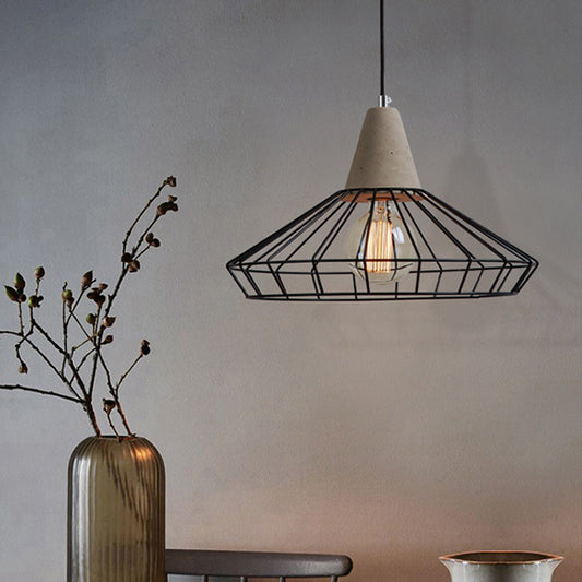 Industrial 1-Light Pendant Fixture with Cone/Cylinder/Triangle Iron Design in Black - Cement Socket