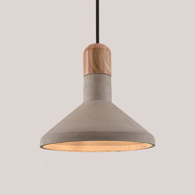 Suspension nordique en ciment avec plateau en bois - Design en entonnoir - 1 ampoule - Suspension de plafond grise pour salle à manger