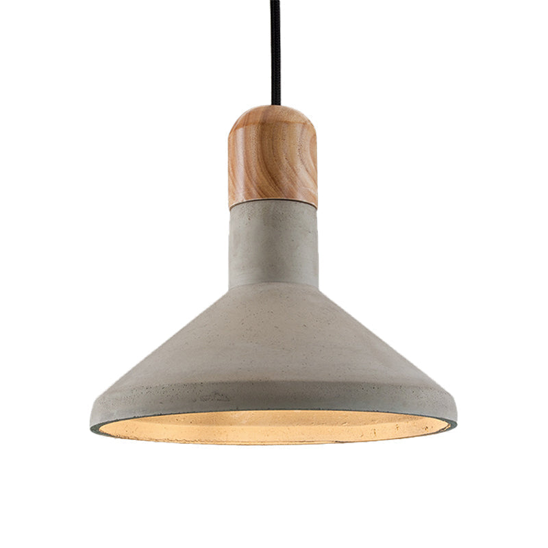 Suspension nordique en ciment avec plateau en bois - Design en entonnoir - 1 ampoule - Suspension de plafond grise pour salle à manger