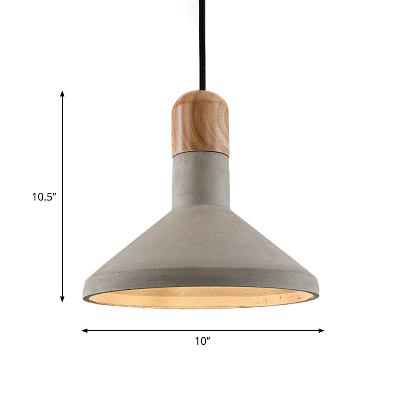 Suspension nordique en ciment avec plateau en bois - Design en entonnoir - 1 ampoule - Suspension de plafond grise pour salle à manger
