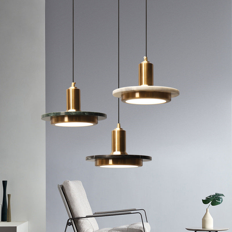 Suspension à couvercle en marbre vert et laiton vieilli à LED - Luminaire suspendu de plafond postmoderne