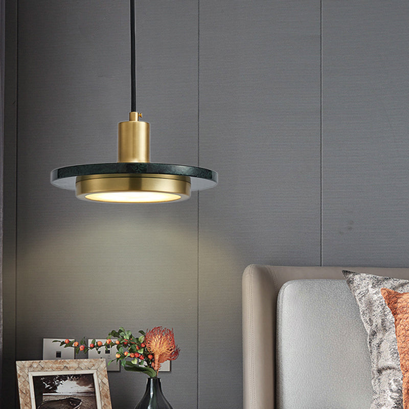 Suspension à couvercle en marbre vert et laiton vieilli à LED - Luminaire suspendu de plafond postmoderne