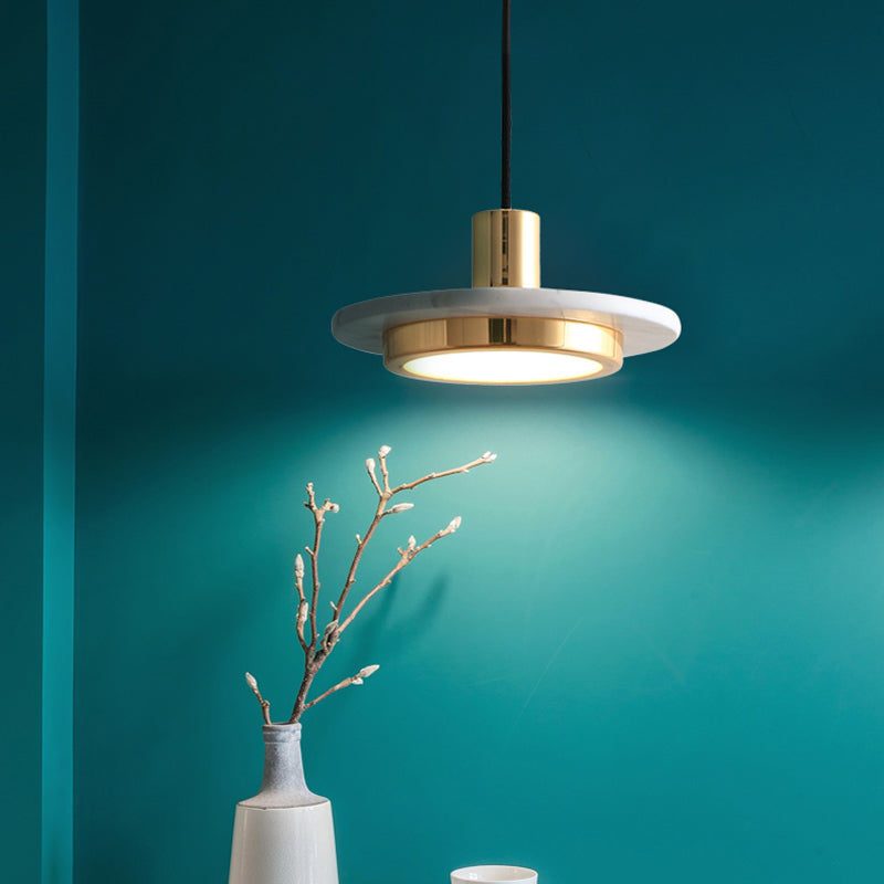 Suspension à couvercle en marbre vert et laiton vieilli à LED - Luminaire suspendu de plafond postmoderne
