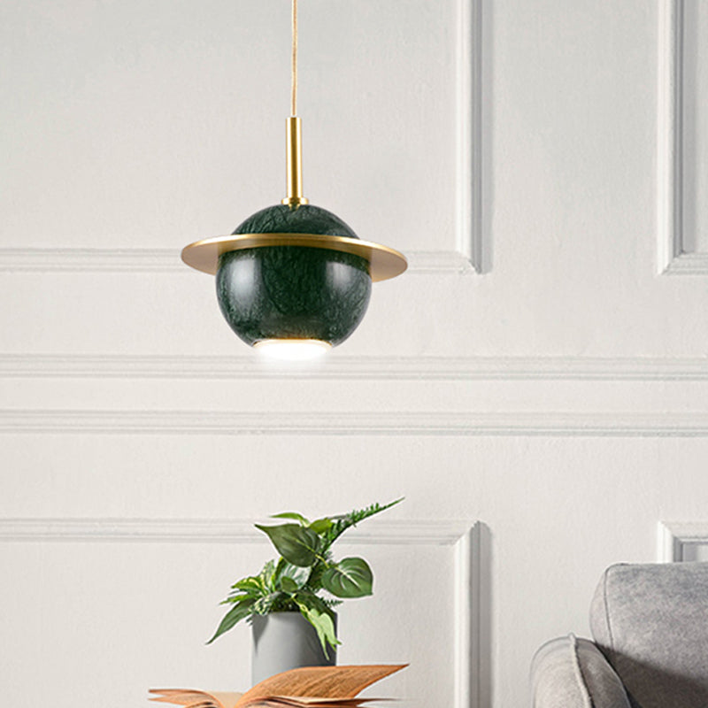 Marble Restaurant Pendant Lamp - Designer Globe Hanging Light with LED, Brass Ring (Black/White/Green)