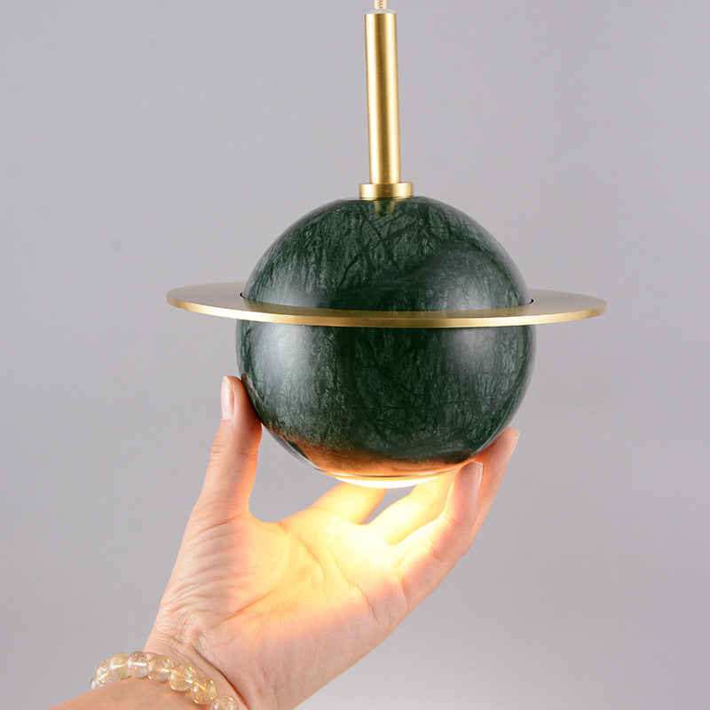 Marble Restaurant Pendant Lamp - Designer Globe Hanging Light with LED, Brass Ring (Black/White/Green)