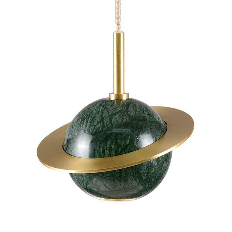 Marble Restaurant Pendant Lamp - Designer Globe Hanging Light with LED, Brass Ring (Black/White/Green)
