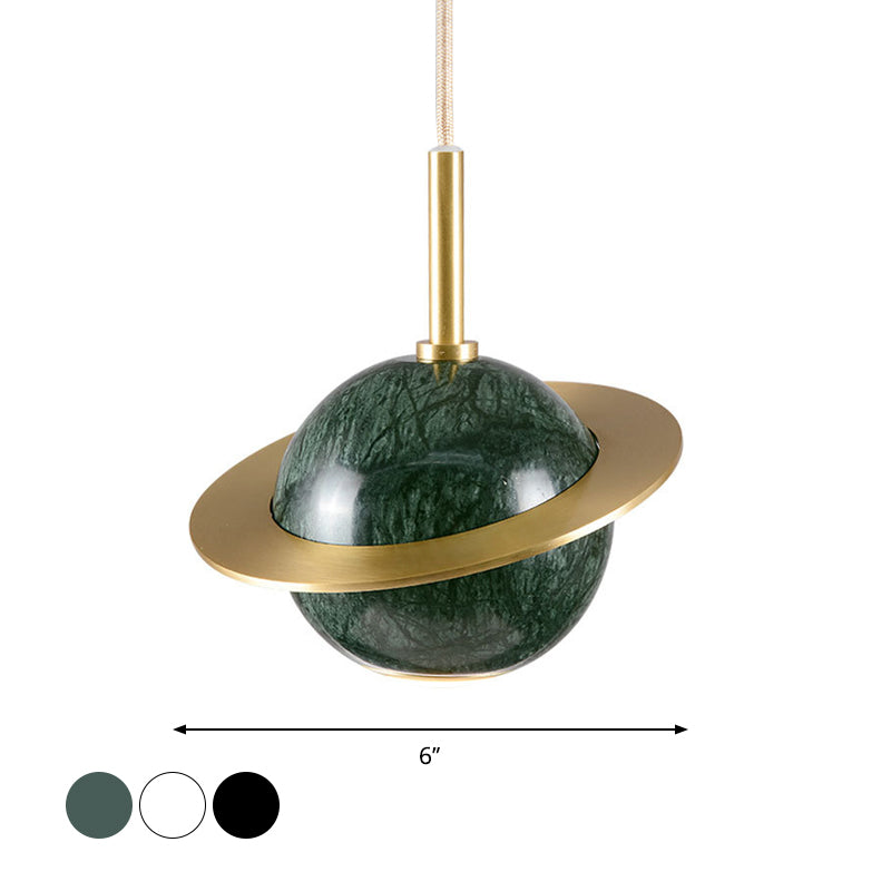 Marble Restaurant Pendant Lamp - Designer Globe Hanging Light with LED, Brass Ring (Black/White/Green)