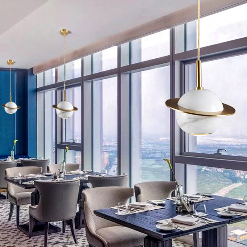 Marble Restaurant Pendant Lamp - Designer Globe Hanging Light with LED, Brass Ring (Black/White/Green)