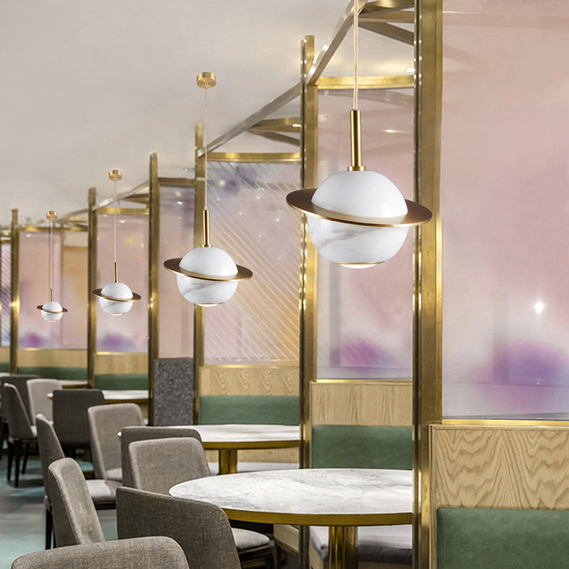 Marble Restaurant Pendant Lamp - Designer Globe Hanging Light with LED, Brass Ring (Black/White/Green)