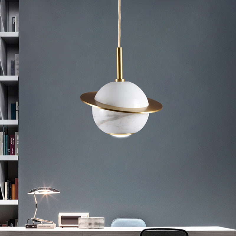Marble Restaurant Pendant Lamp - Designer Globe Hanging Light with LED, Brass Ring (Black/White/Green)