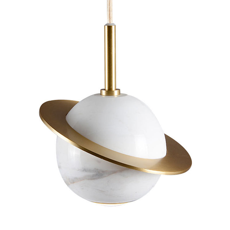 Marble Restaurant Pendant Lamp - Designer Globe Hanging Light with LED, Brass Ring (Black/White/Green)