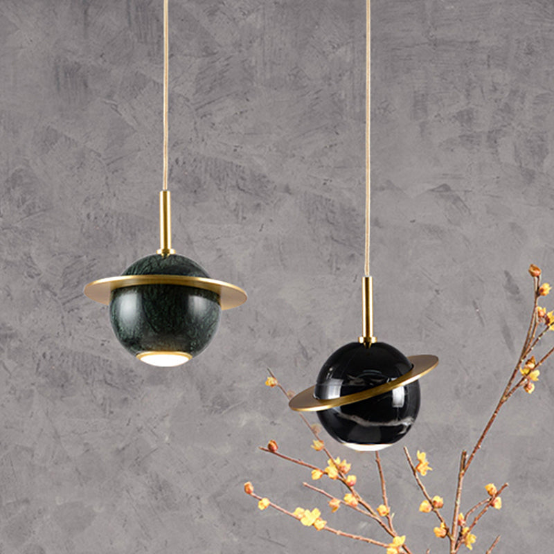 Marble Restaurant Pendant Lamp - Designer Globe Hanging Light with LED, Brass Ring (Black/White/Green)