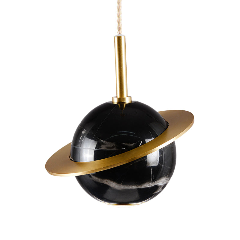 Marble Restaurant Pendant Lamp - Designer Globe Hanging Light with LED, Brass Ring (Black/White/Green)