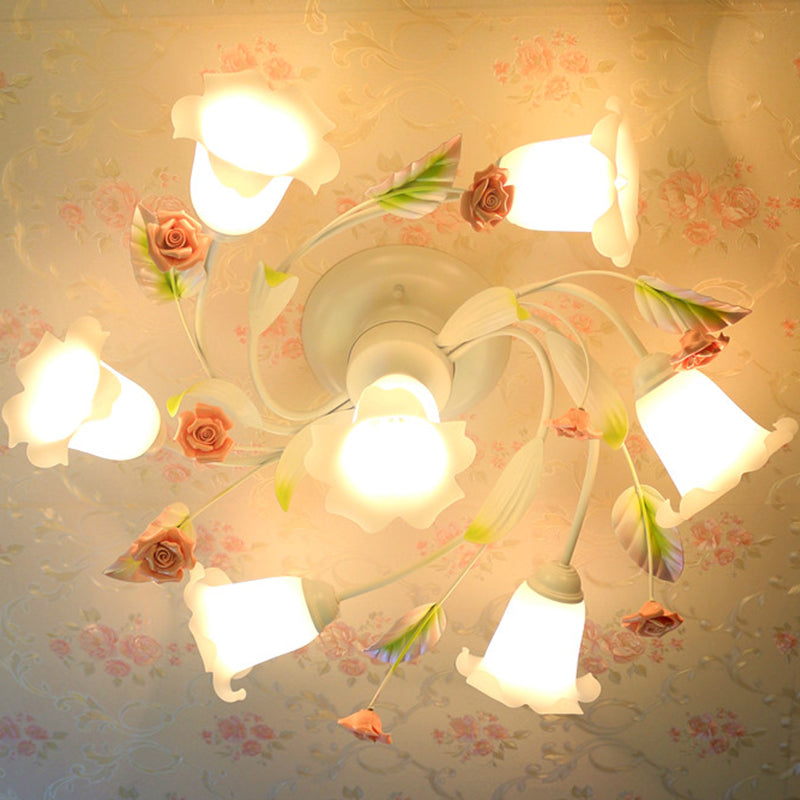 American Garden Swirl Living Room Semi Flush Light - Metal 4/7-Head White Lamp with Frosted Glass Shade