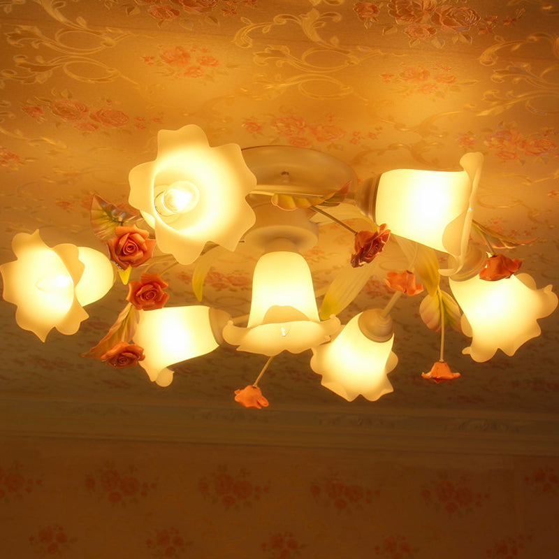 American Garden Swirl Living Room Semi Flush Light - Metal 4/7-Head White Lamp With Frosted Glass