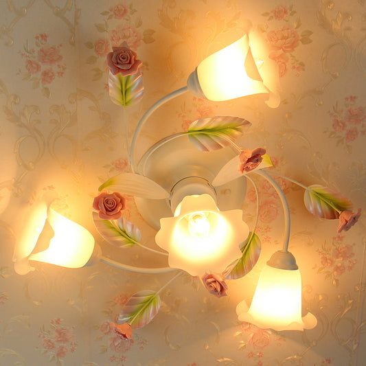 American Garden Swirl Living Room Semi Flush Light - Metal 4/7-Head White Lamp with Frosted Glass Shade