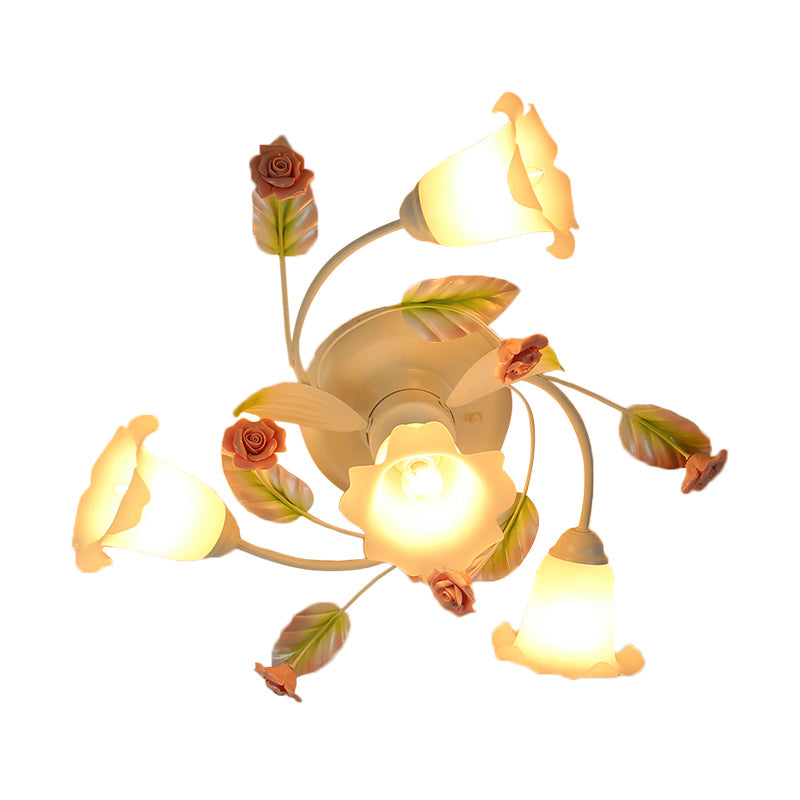 American Garden Swirl Living Room Semi Flush Light - Metal 4/7-Head White Lamp with Frosted Glass Shade