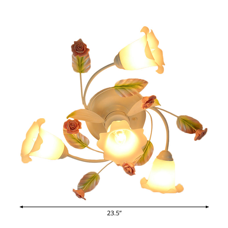 American Garden Swirl Living Room Semi Flush Light - Metal 4/7-Head White Lamp with Frosted Glass Shade