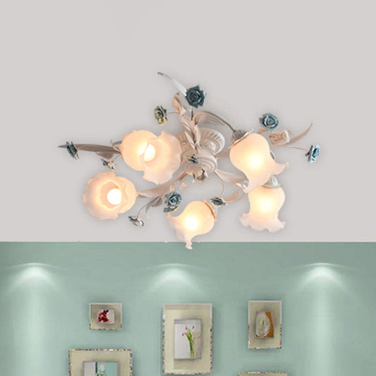 American Garden Flower Semi-Flush Mount Light - 5 Bulbs, Frosted White Glass - Ideal for Living Room