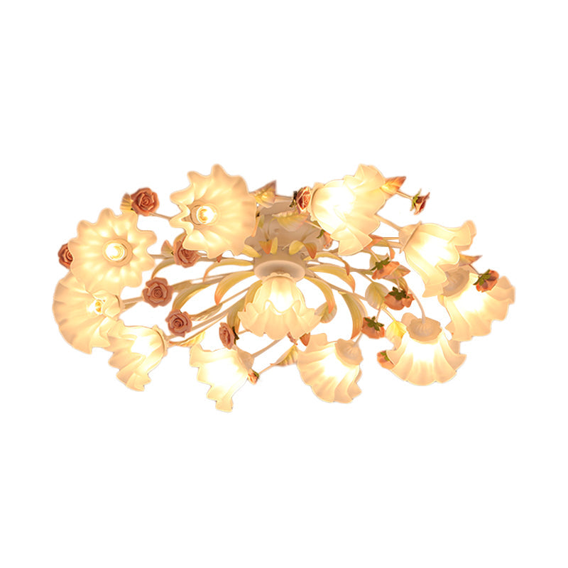 Pastoral Ruffle Ceiling Flush Lamp - 4/7/9 Frosted White Glass Heads - Semi Flush Mount for Dining Room