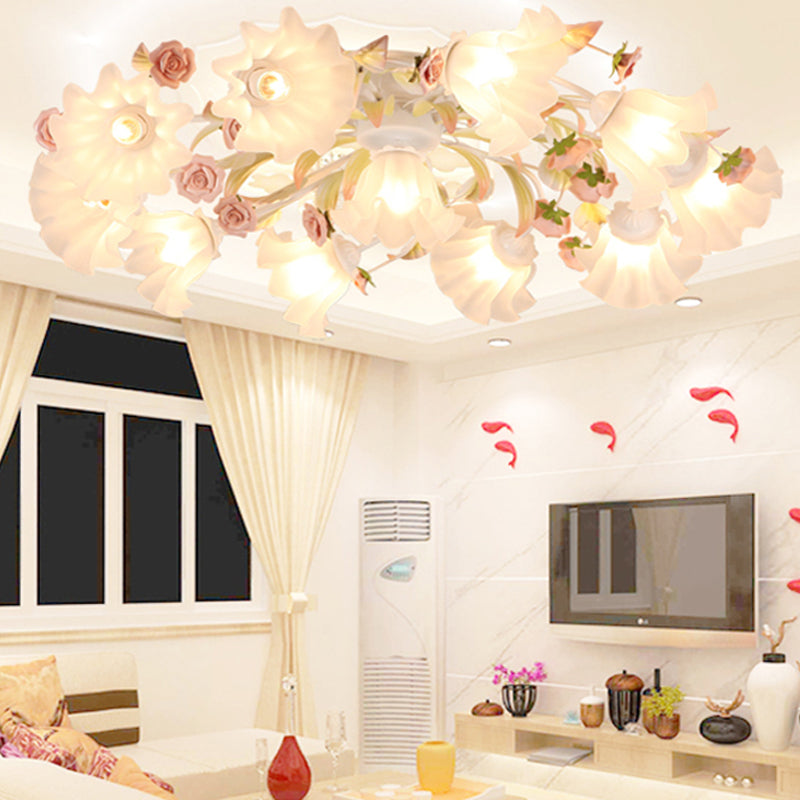Pastoral Ruffle Ceiling Flush Lamp - 4/7/9 Frosted White Glass Heads - Semi Flush Mount for Dining Room