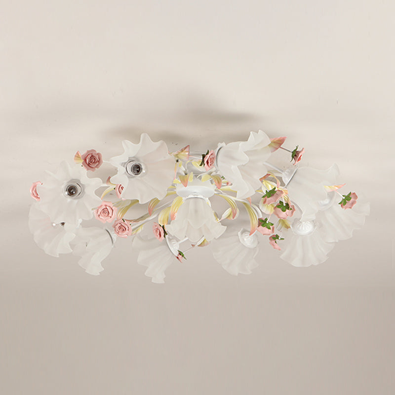 Pastoral Ruffle Ceiling Flush Lamp - 4/7/9 Frosted White Glass Heads Semi Mount For Dining Room