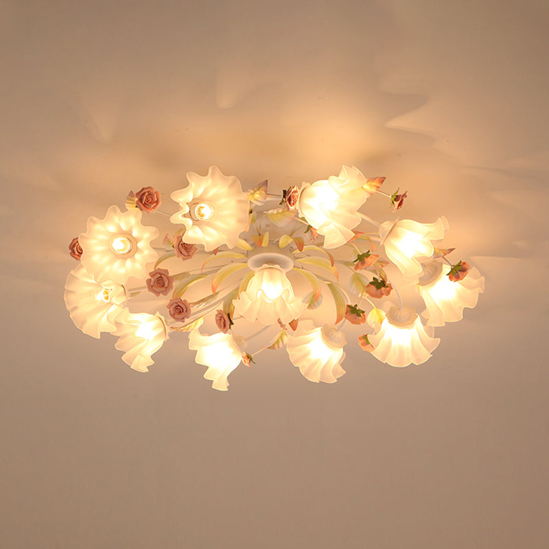 Pastoral Ruffle Ceiling Flush Lamp - 4/7/9 Frosted White Glass Heads - Semi Flush Mount for Dining Room