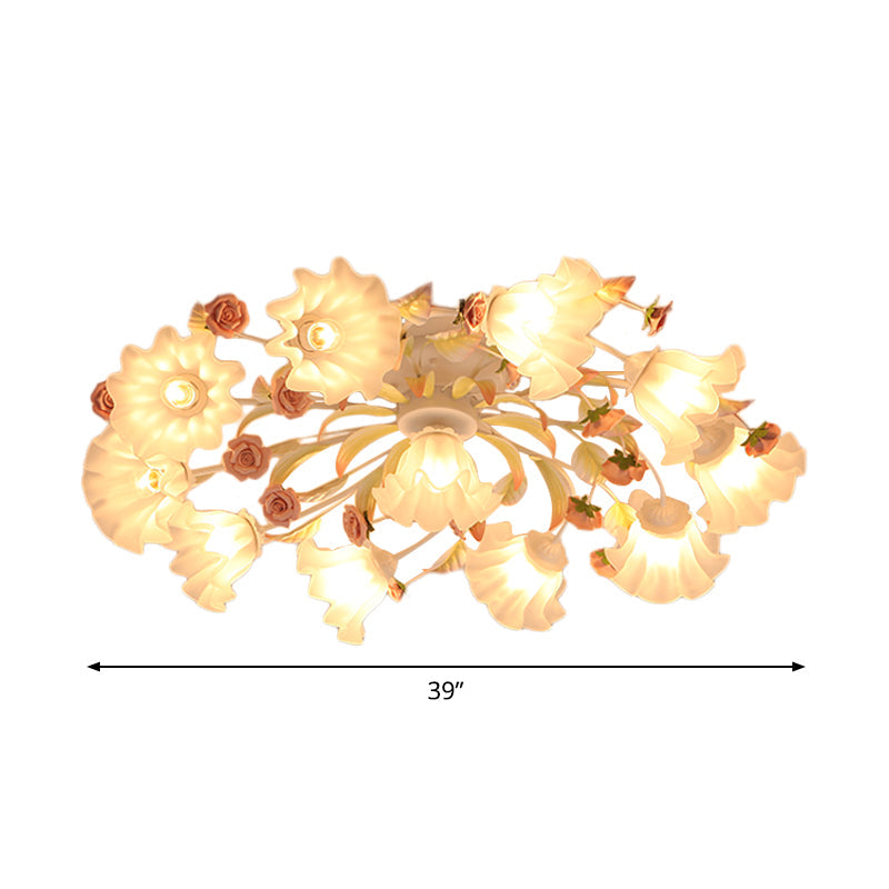 Pastoral Ruffle Ceiling Flush Lamp - 4/7/9 Frosted White Glass Heads Semi Mount For Dining Room