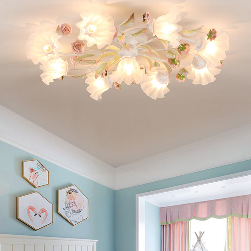 Pastoral Ruffle Ceiling Flush Lamp - 4/7/9 Frosted White Glass Heads - Semi Flush Mount for Dining Room
